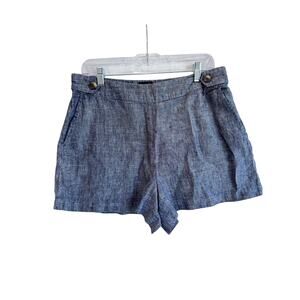 Tahari 100% Linen Blue Pull On Shorts Elastic Waist Summer Coastal L resort